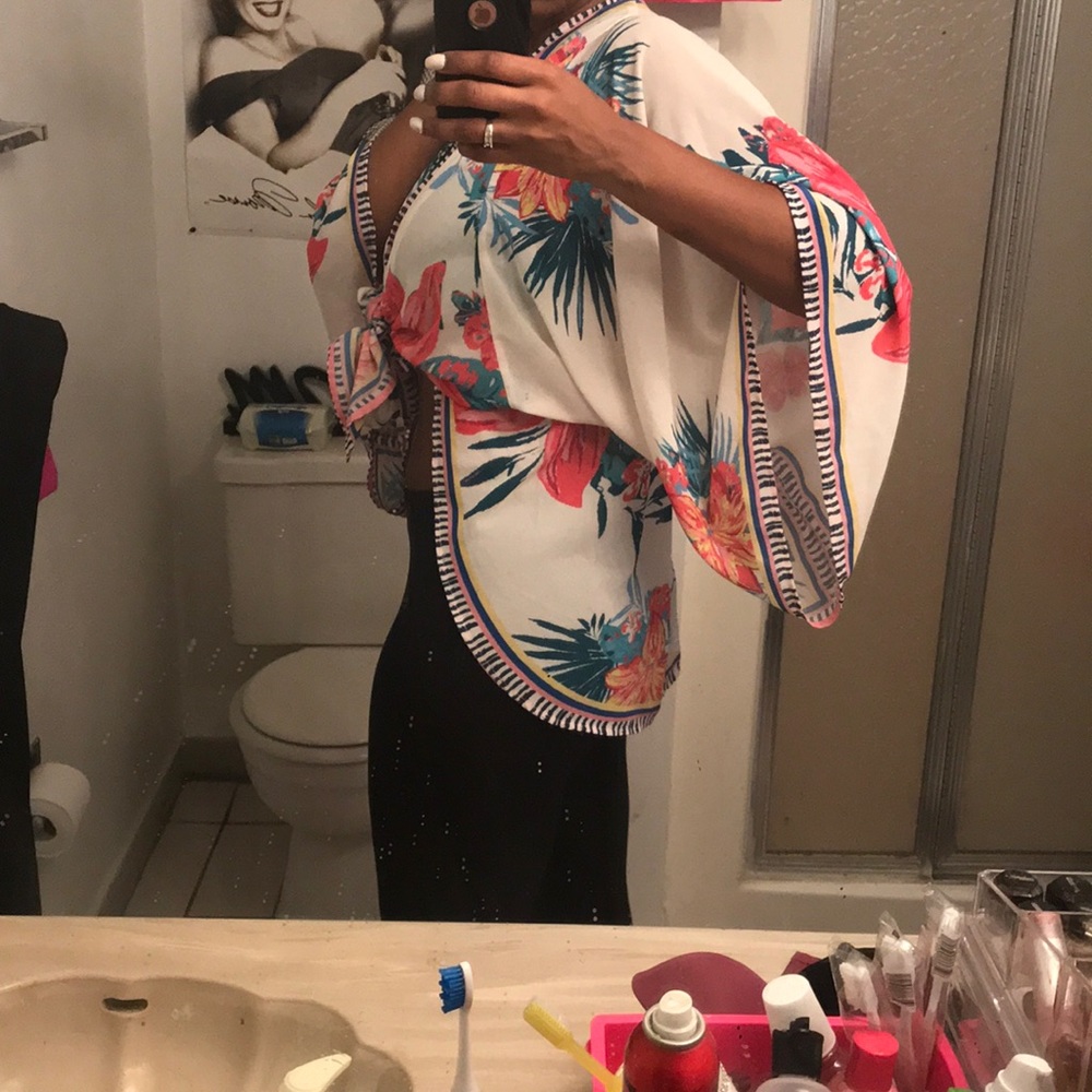 Floral white pink sheer light weight cardigan